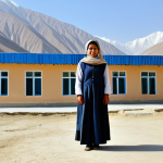 **

A fully clothed Afghan woman, dressed in traditional, modest clothing, stands confidently in front of a newly built school in a rural Afghan village. The school is simple but functional, with children visible inside learning. Background shows mountains and clear sky. Safe for work, appropriate content, perfect anatomy, natural proportions, family-friendly.

**