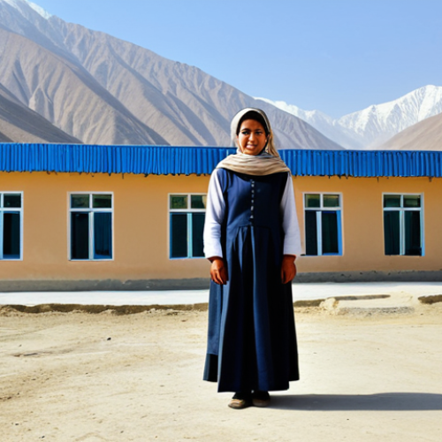 Home 14 **
A fully clothed Afghan woman, dressed in traditional, modest clothing, stands confidently in front of a newly built school in a rural Afghan village. The school is simple but functional, with children visible inside learning. Background shows mountains and clear sky. Safe for work, appropriate content, perfect anatomy, natural proportions, family-friendly.
**