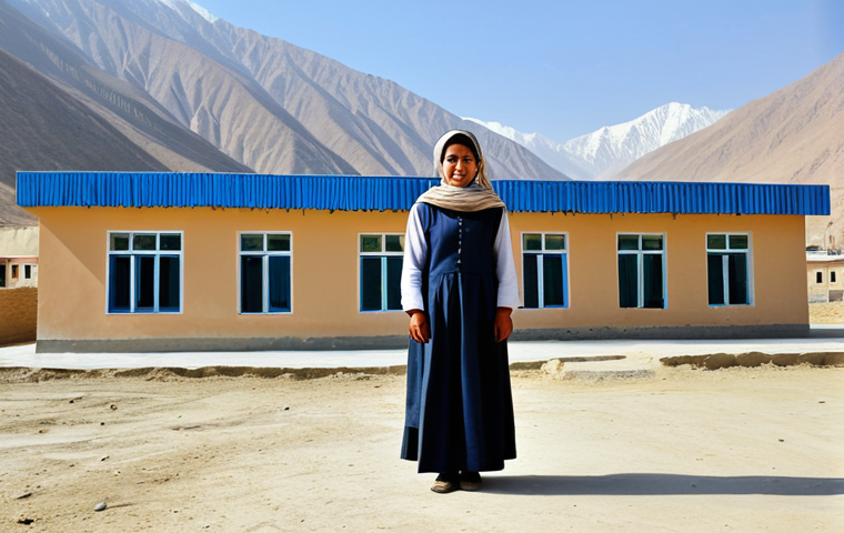 **
A fully clothed Afghan woman, dressed in traditional, modest clothing, stands confidently in front of a newly built school in a rural Afghan village. The school is simple but functional, with children visible inside learning. Background shows mountains and clear sky. Safe for work, appropriate content, perfect anatomy, natural proportions, family-friendly.
**